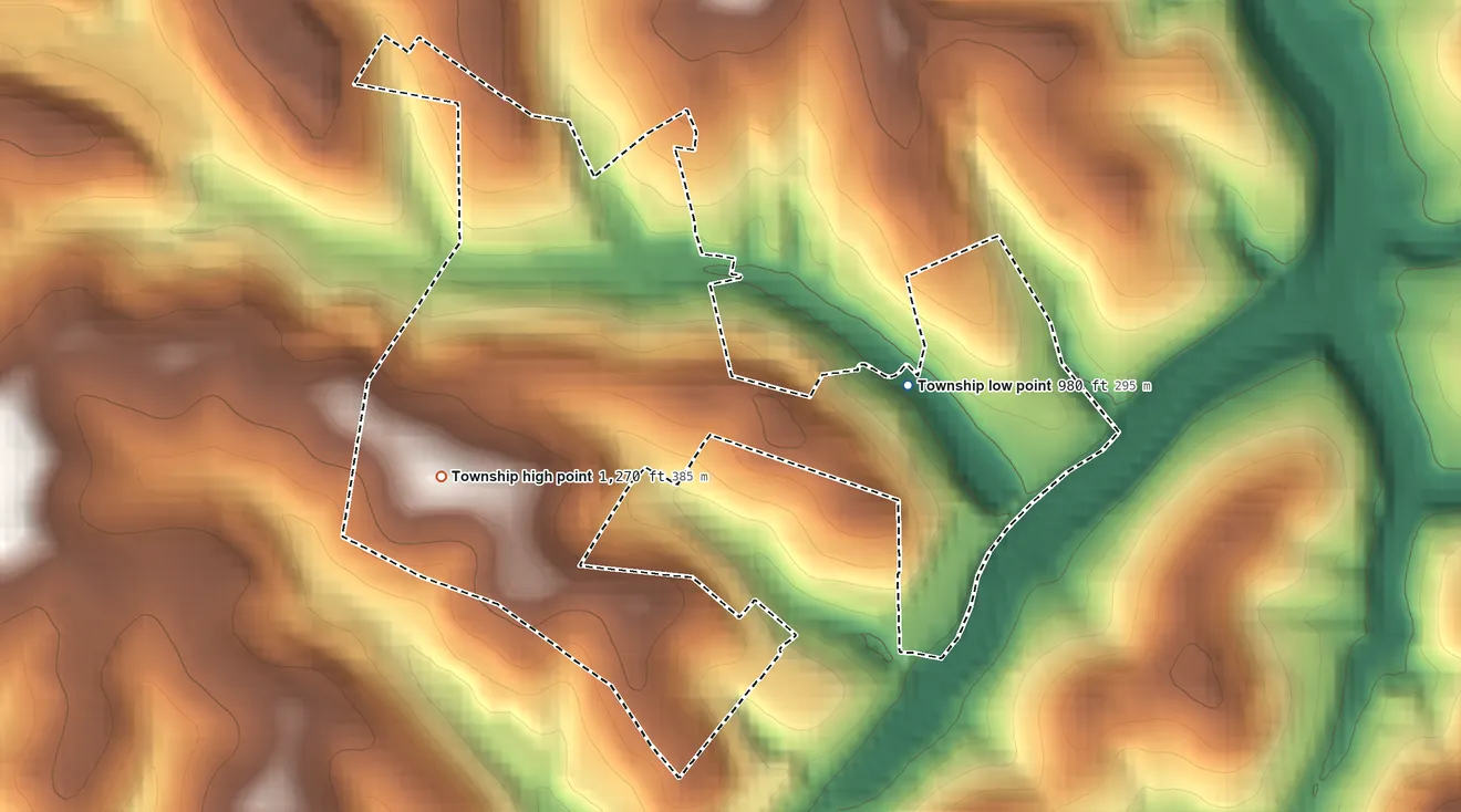 Topographic elevation map of Baldwin Township, Pennsylvania, shaded from 980 ft on the east side to 1,270 ft on the west side