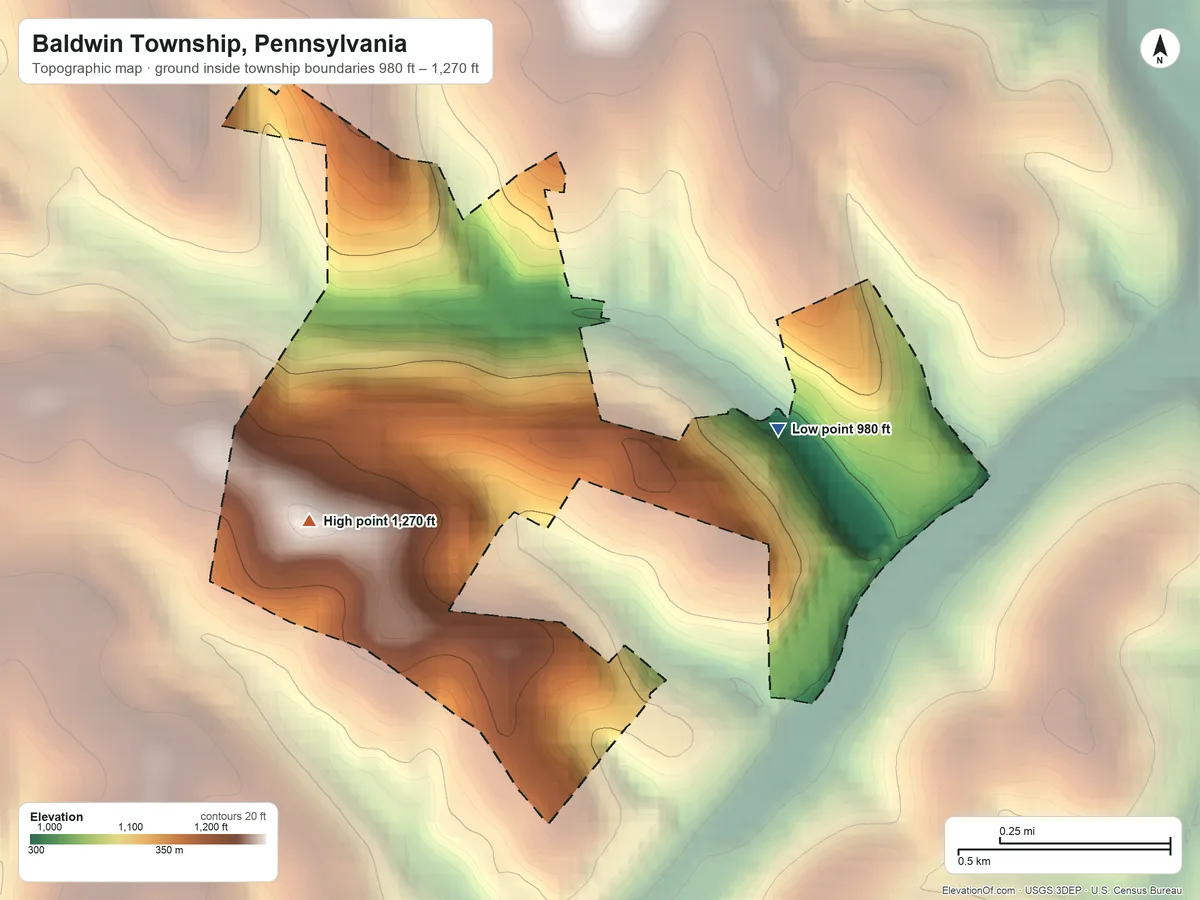 Topographic elevation map of Baldwin Township, Pennsylvania, shaded from 980 ft on the east side to 1,270 ft on the west side