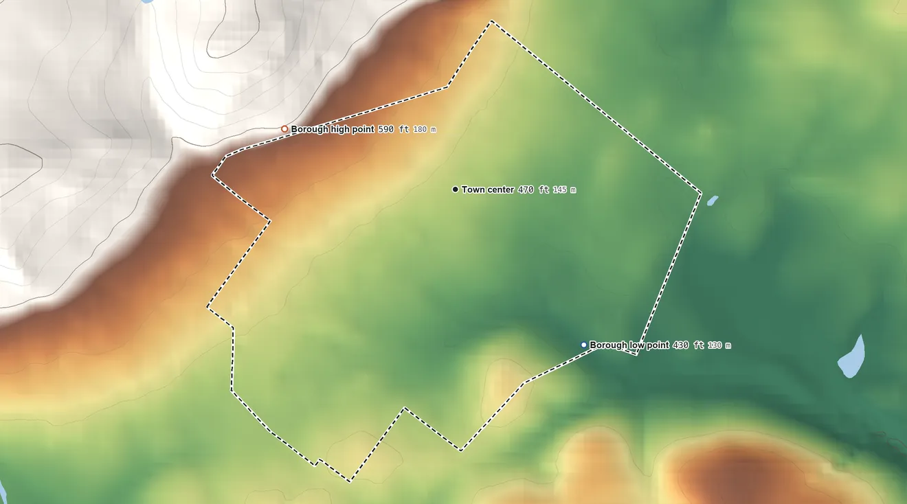 Topographic elevation map of Bally, Pennsylvania, shaded from 430 ft on the southeast side to 590 ft on the west edge, below higher ground just outside