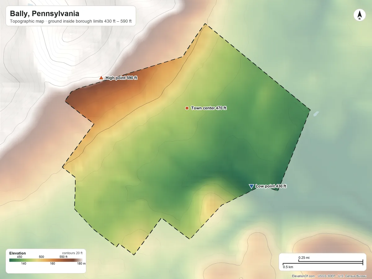 Topographic elevation map of Bally, Pennsylvania, shaded from 430 ft on the southeast side to 590 ft on the west edge, below higher ground just outside
