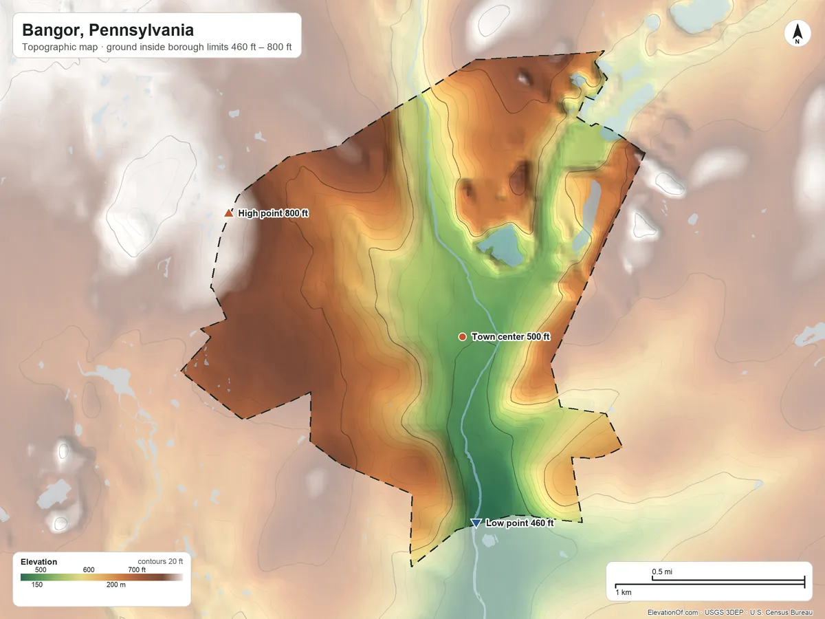 Topographic elevation map of Bangor, Pennsylvania, shaded from 460 ft on the south side to 800 ft on the northwest edge, below higher ground just outside