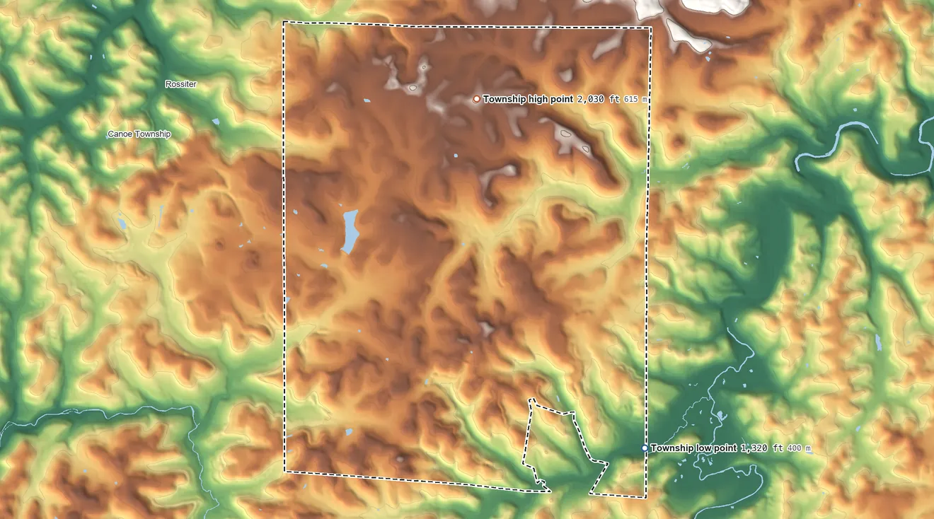 Topographic elevation map of Banks Township, Indiana County, Pennsylvania, shaded from 1,320 ft on the southeast side to 2,030 ft on the north side