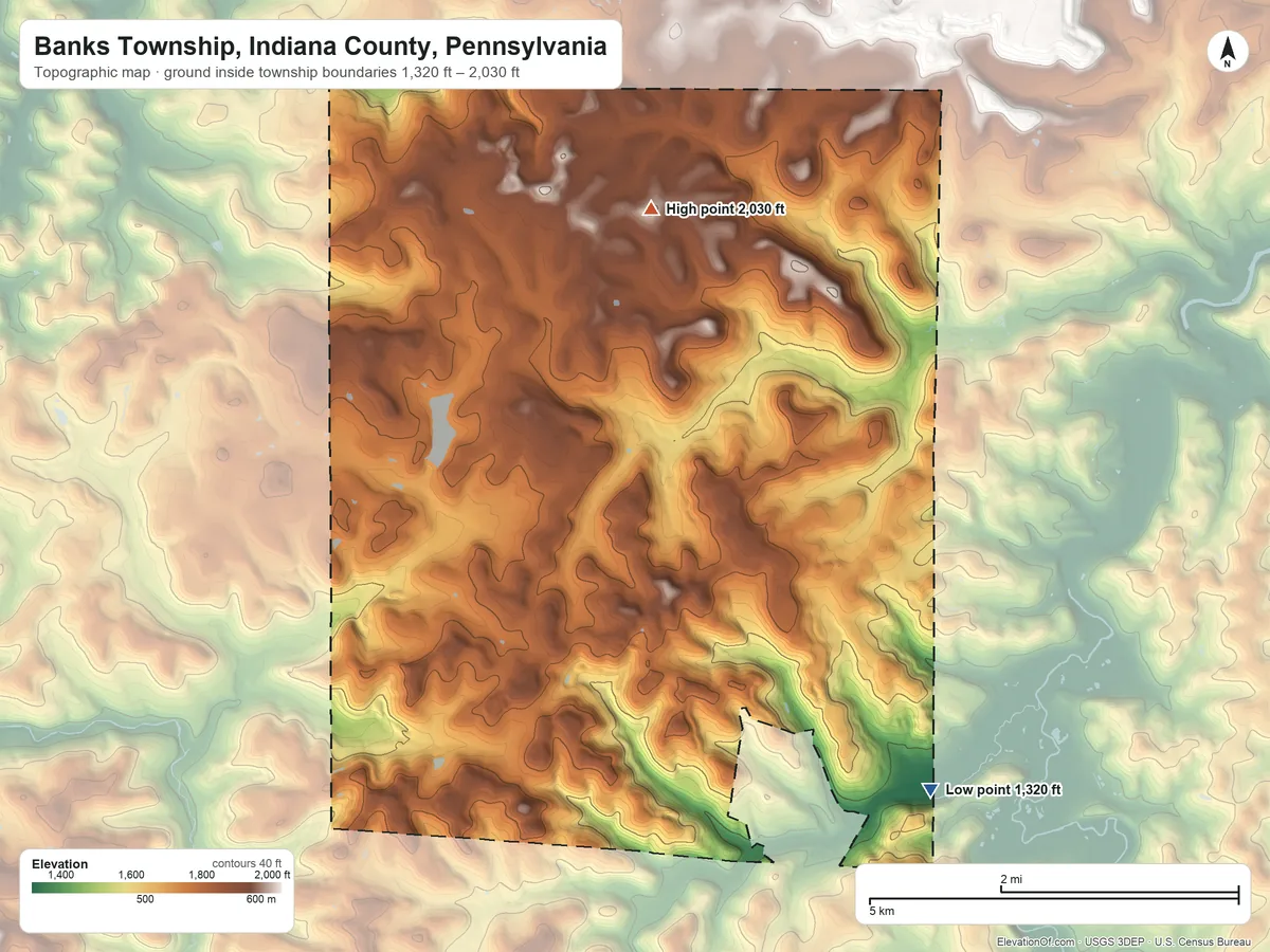 Topographic elevation map of Banks Township, Indiana County, Pennsylvania, shaded from 1,320 ft on the southeast side to 2,030 ft on the north side