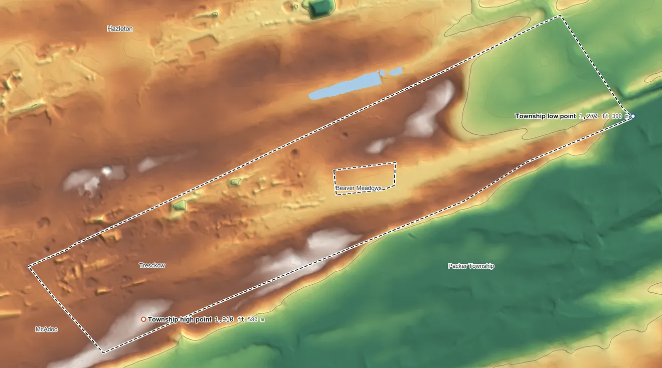 Topographic elevation map of Banks Township, Pennsylvania, shaded from 1,270 ft on the east side to 1,910 ft on the southwest side