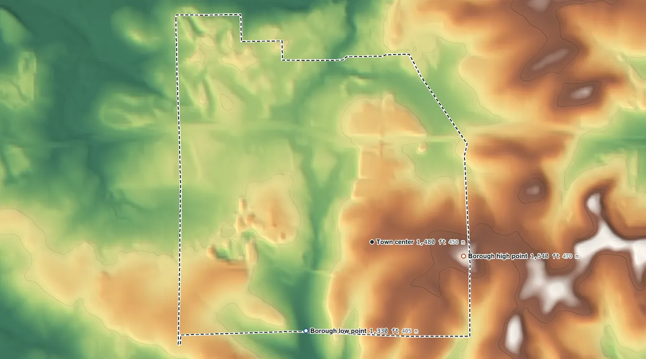 Topographic elevation map of Barkeyville, Pennsylvania, shaded from 1,330 ft on the southwest side to 1,540 ft on the east side