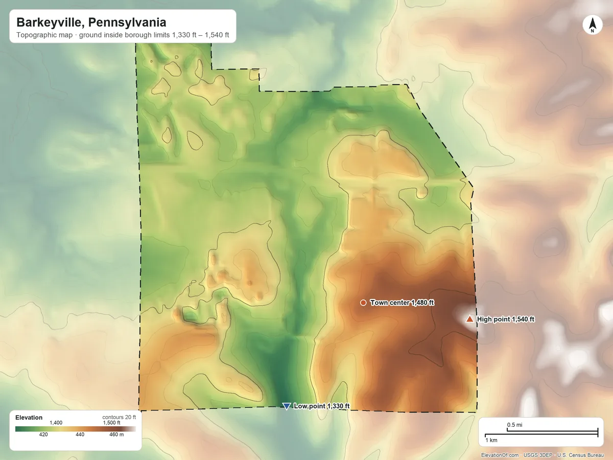 Topographic elevation map of Barkeyville, Pennsylvania, shaded from 1,330 ft on the southwest side to 1,540 ft on the east side