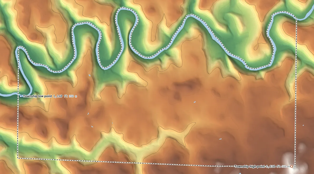 Topographic elevation map of Barnett Township, Jefferson County, Pennsylvania, shaded from 1,140 ft on the west side to 1,830 ft on the east side