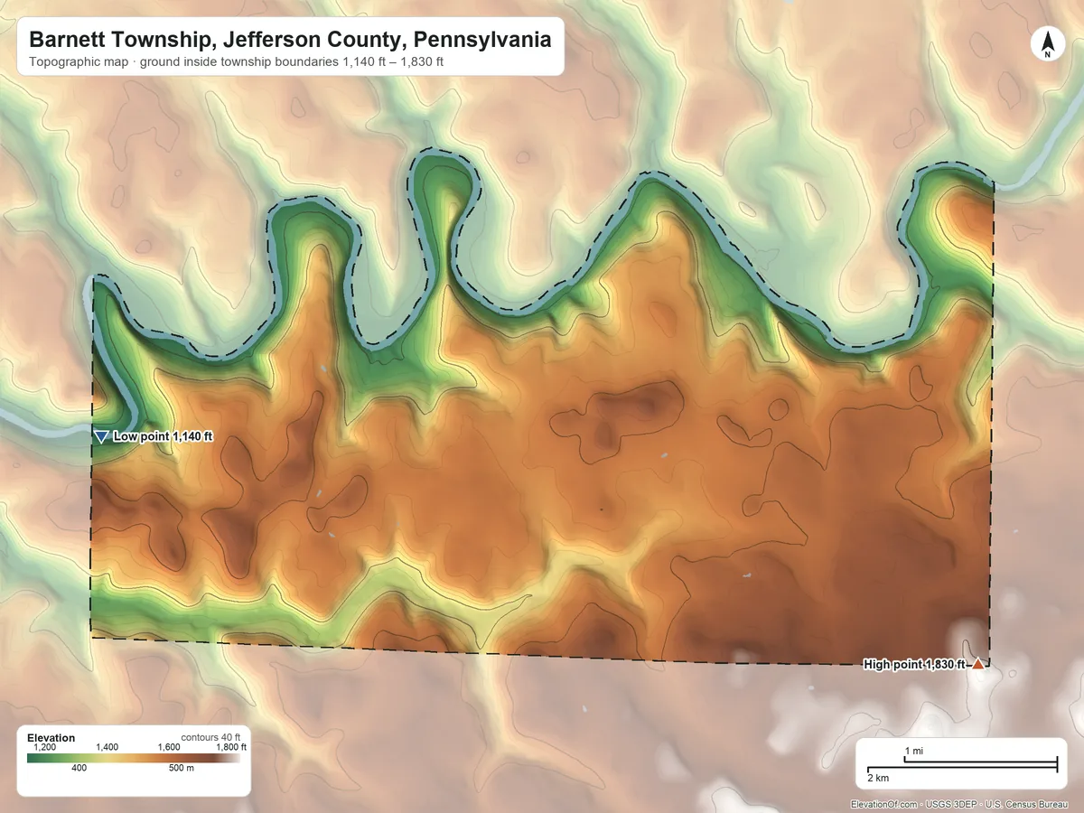 Topographic elevation map of Barnett Township, Jefferson County, Pennsylvania, shaded from 1,140 ft on the west side to 1,830 ft on the east side
