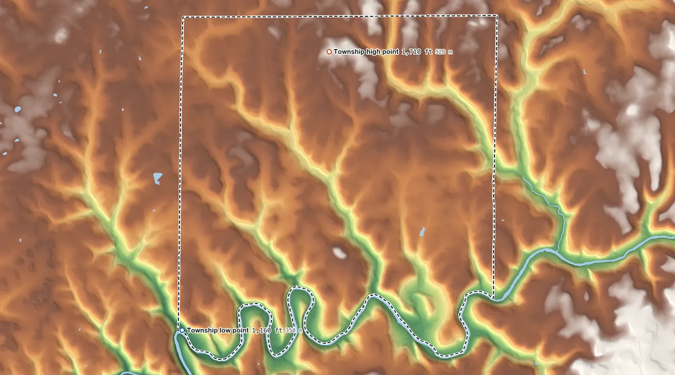 Topographic elevation map of Barnett Township, Pennsylvania, shaded from 1,160 ft on the southwest side to 1,710 ft on the north side