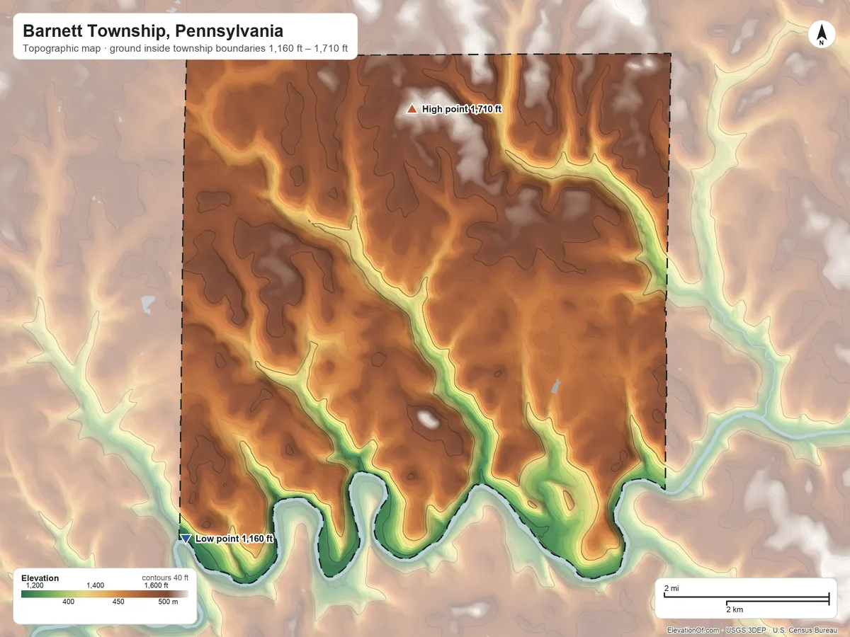 Topographic elevation map of Barnett Township, Pennsylvania, shaded from 1,160 ft on the southwest side to 1,710 ft on the north side