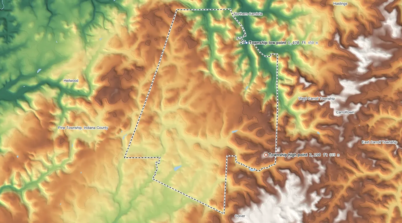 Topographic elevation map of Barr Township, Pennsylvania, shaded from 1,470 ft on the northeast side to 2,190 ft on the southeast side