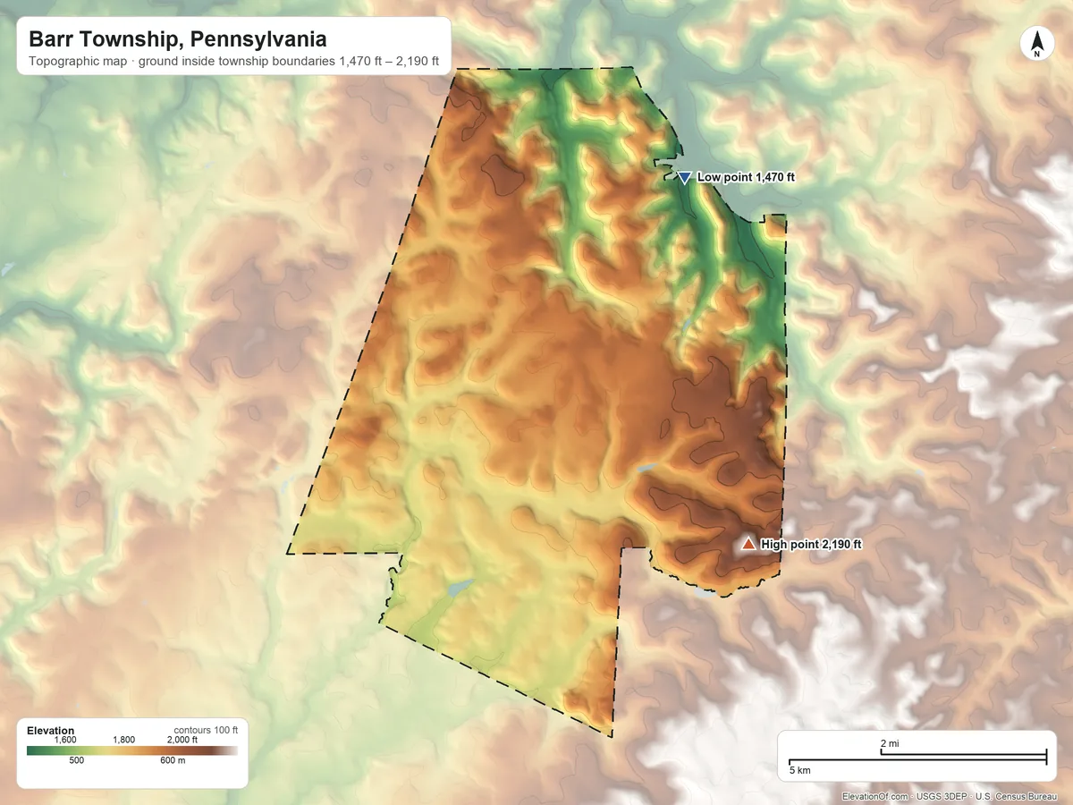 Topographic elevation map of Barr Township, Pennsylvania, shaded from 1,470 ft on the northeast side to 2,190 ft on the southeast side