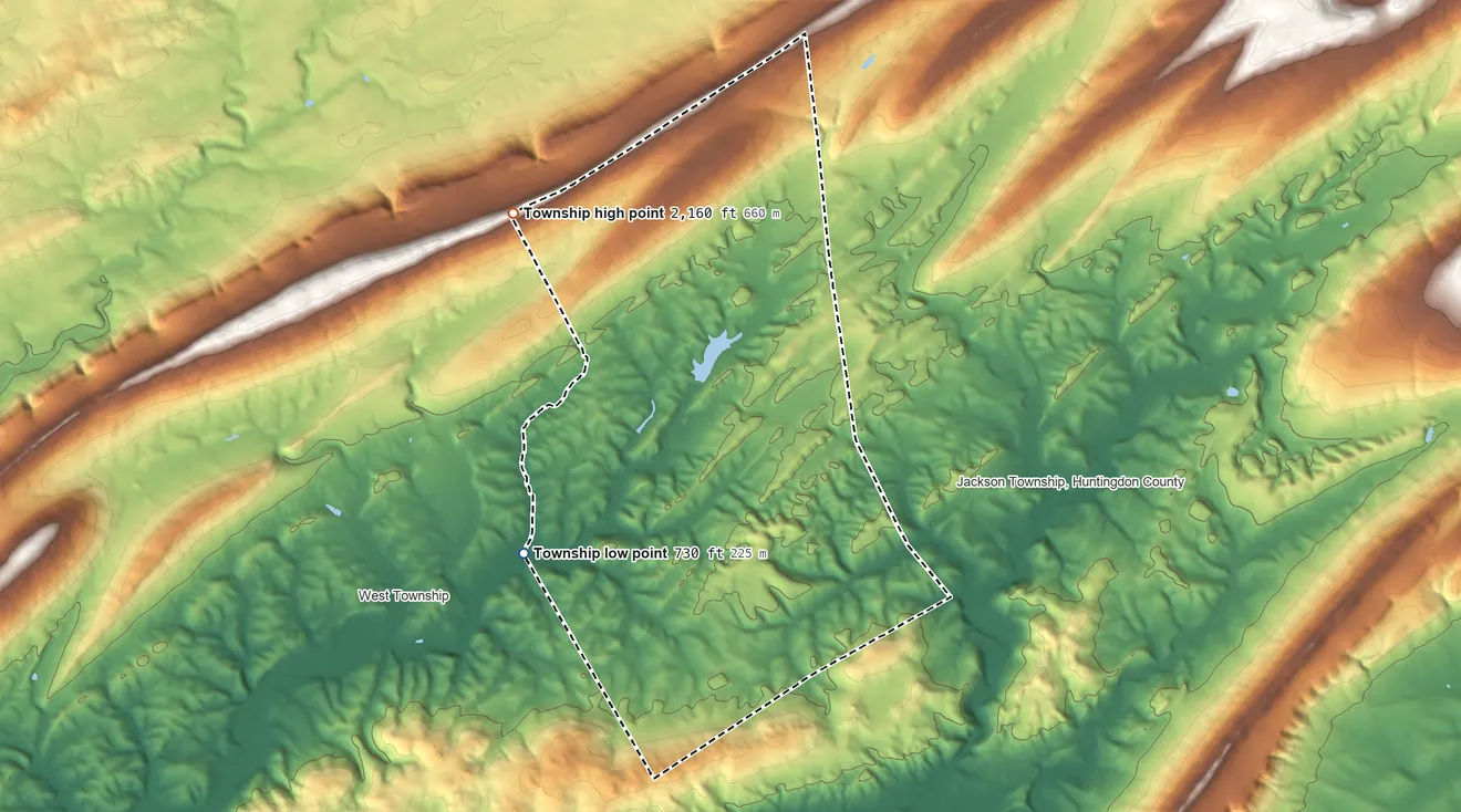 Topographic elevation map of Barree Township, Pennsylvania, shaded from 730 ft on the southwest side to 2,160 ft on the northwest side
