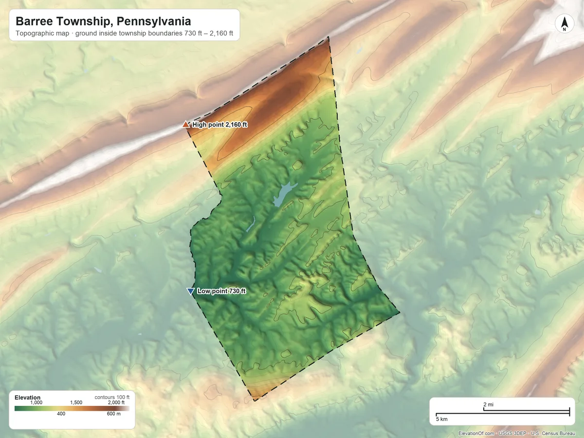 Topographic elevation map of Barree Township, Pennsylvania, shaded from 730 ft on the southwest side to 2,160 ft on the northwest side