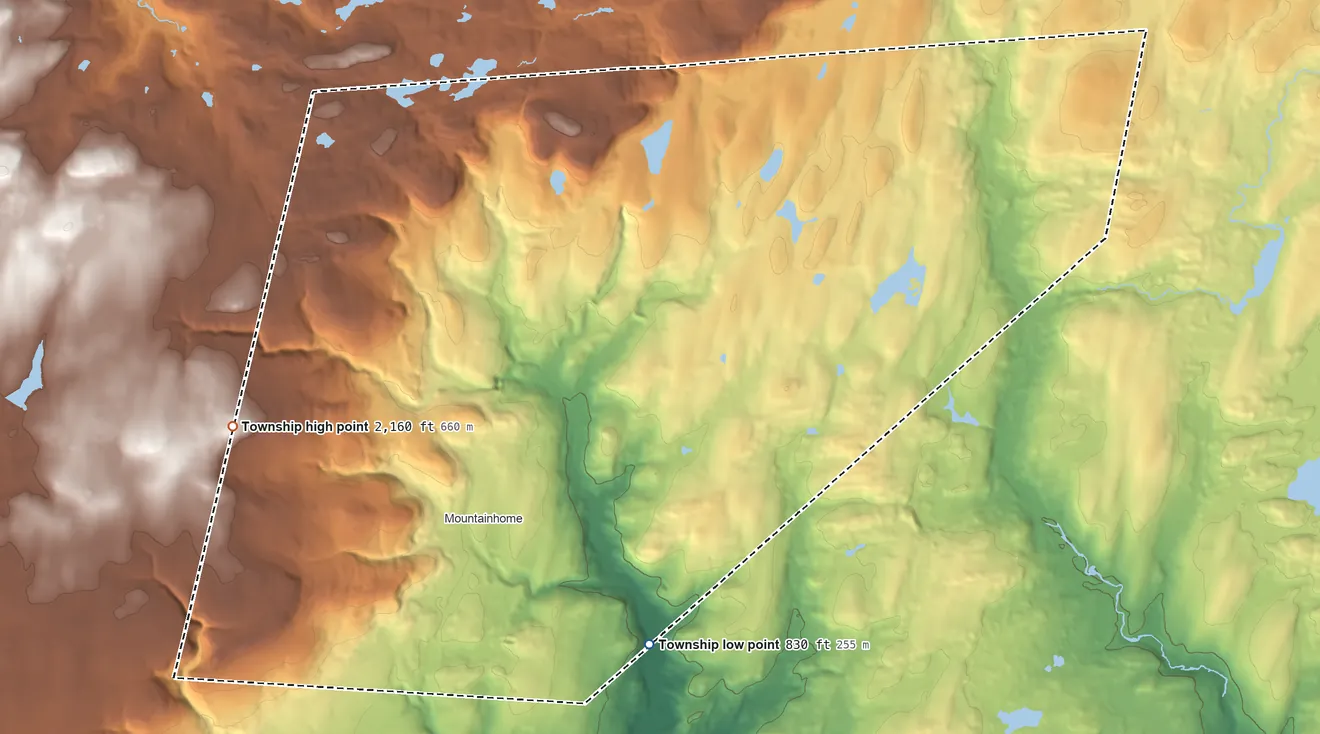 Topographic elevation map of Barrett Township, Pennsylvania, shaded from 830 ft on the southeast side to 2,160 ft on Turkey Knoll