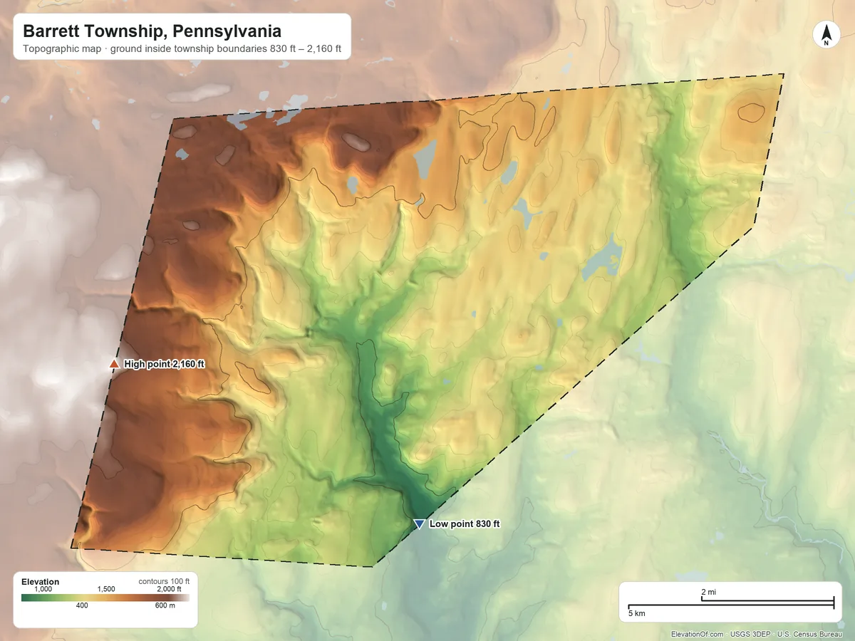 Topographic elevation map of Barrett Township, Pennsylvania, shaded from 830 ft on the southeast side to 2,160 ft on Turkey Knoll