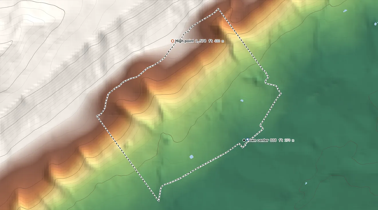 Topographic elevation map of Barrville, Pennsylvania, shaded from 880 ft near the middle to 1,570 ft at the foot of the Jacks Mountain