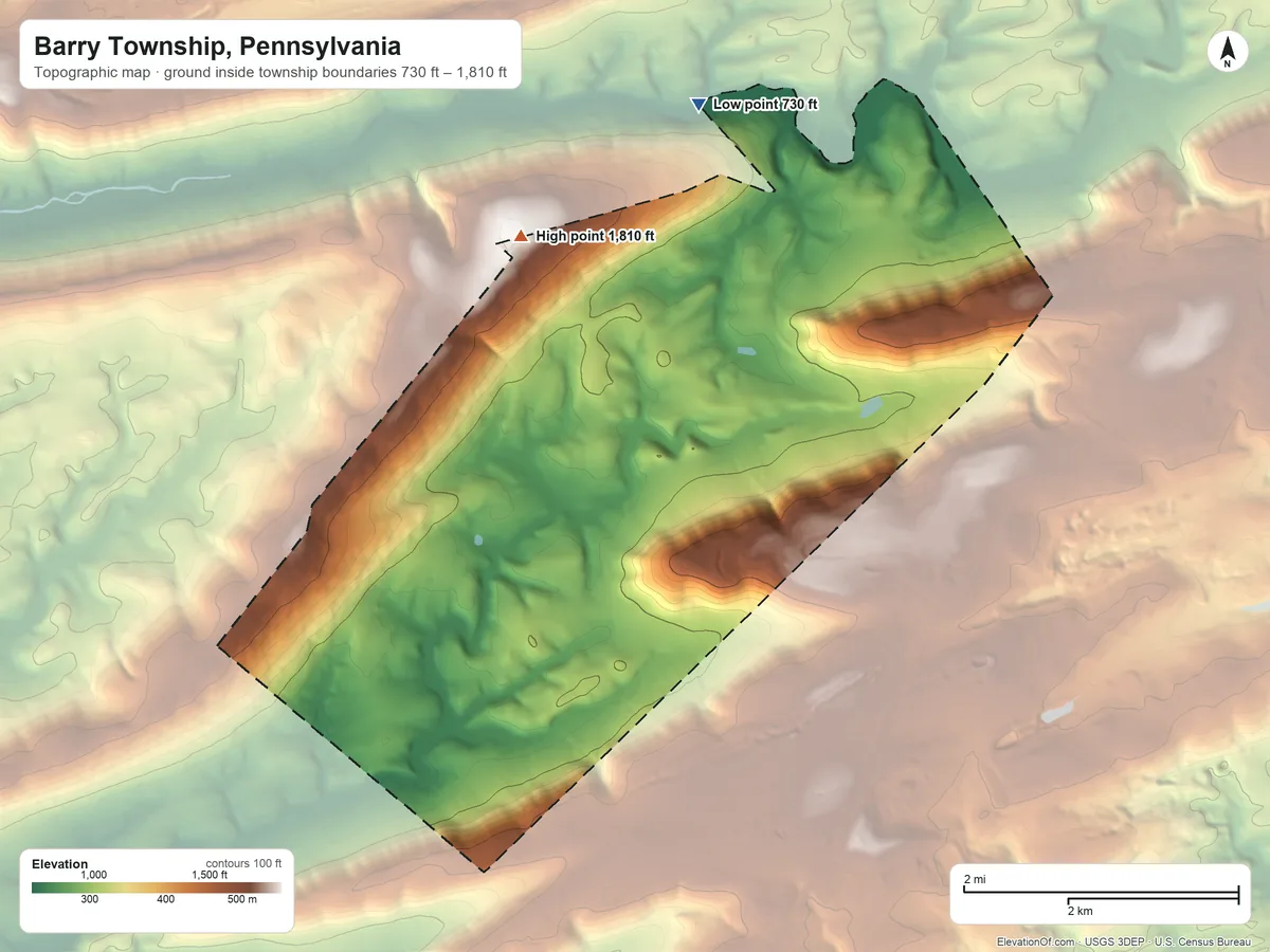 Topographic elevation map of Barry Township, Pennsylvania, shaded from 730 ft on the north side to 1,810 ft on the northwest side