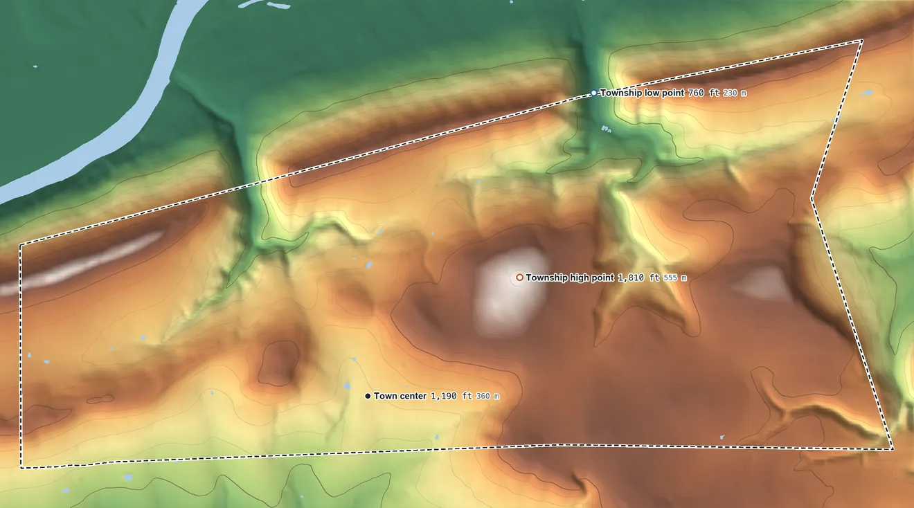 Topographic elevation map of Bastress Township, Pennsylvania, shaded from 760 ft on the northeast side to 1,810 ft on the northeast side