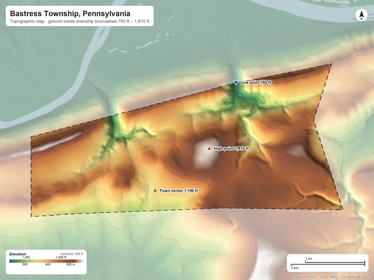 Topographic elevation map of Bastress Township, Pennsylvania, shaded from 760 ft on the northeast side to 1,810 ft on the northeast side
