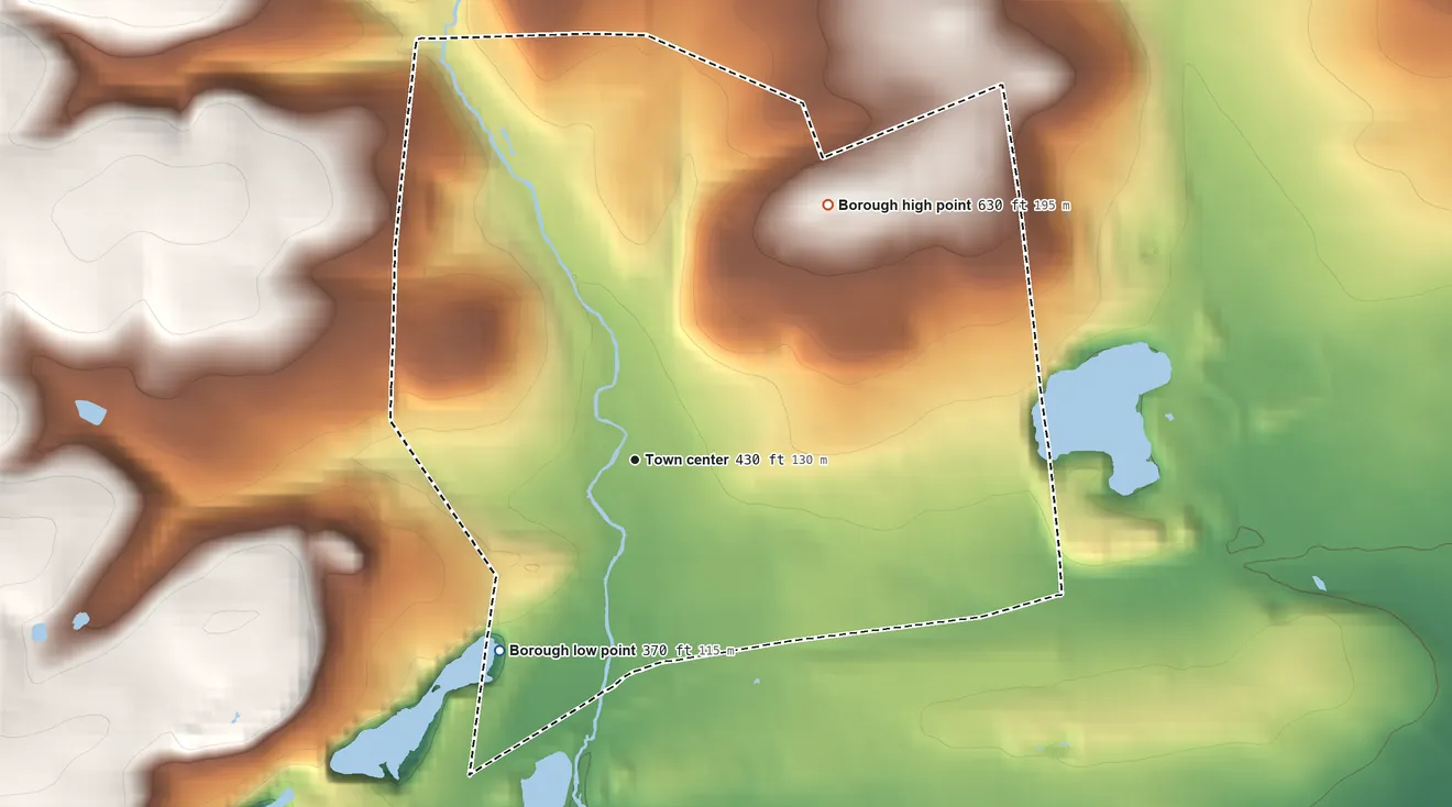 Topographic elevation map of Bath, Pennsylvania, shaded from 370 ft on the southwest side to 630 ft on Holiday Hill