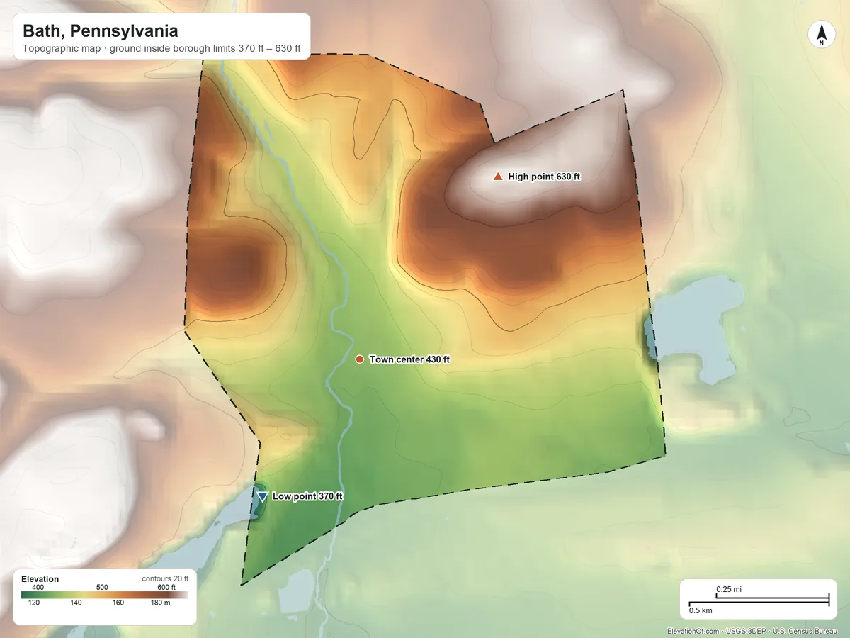 Topographic elevation map of Bath, Pennsylvania, shaded from 370 ft on the southwest side to 630 ft on Holiday Hill