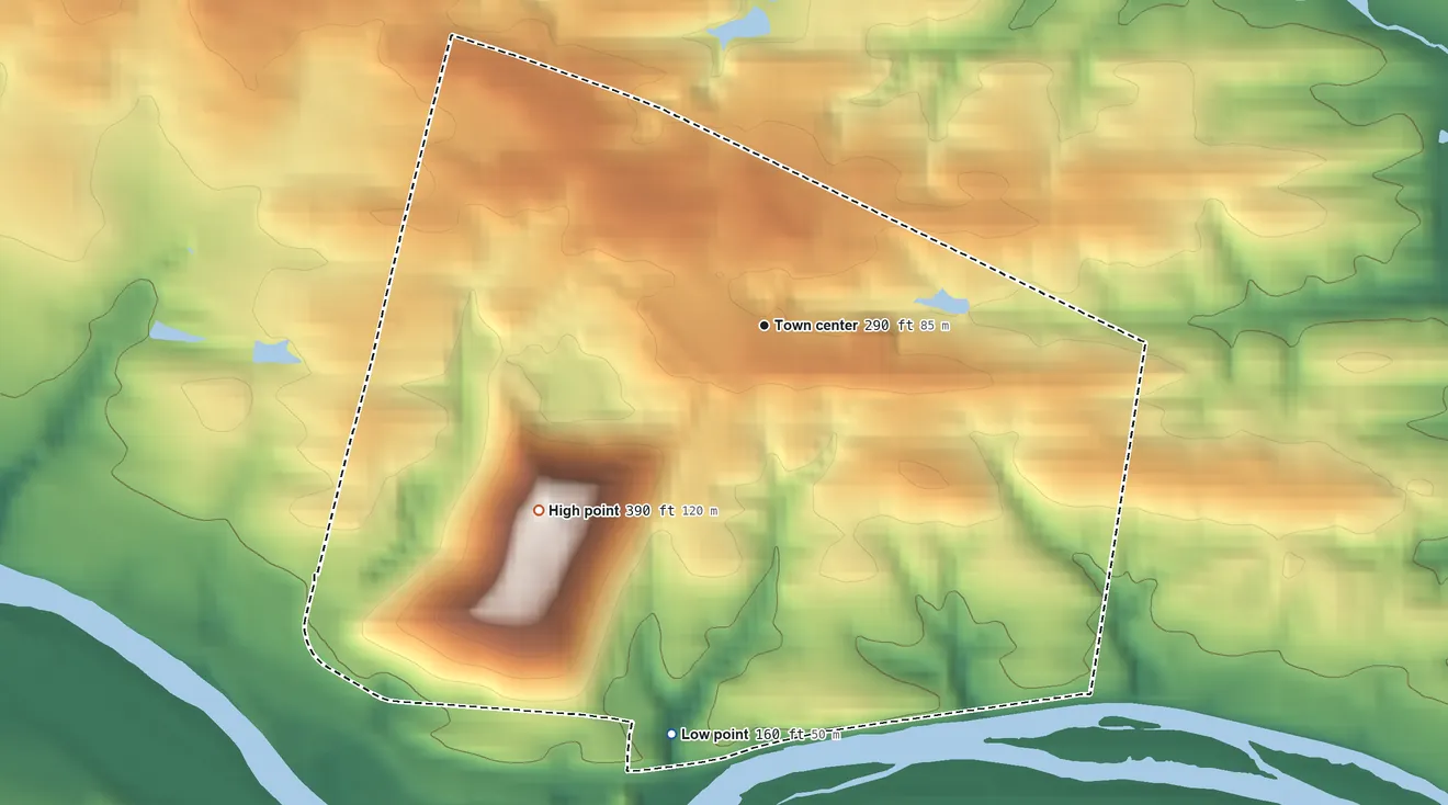 Topographic elevation map of Baumstown, Pennsylvania, shaded from 160 ft on the south side to 390 ft on Furnace Hill