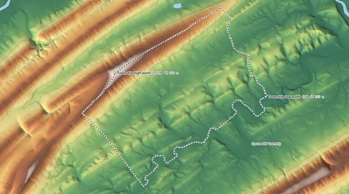 Topographic elevation map of Beale Township, Pennsylvania, shaded from 450 ft on the east side to 2,220 ft on the west side