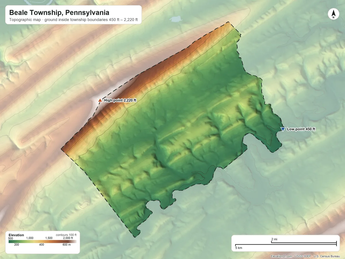 Topographic elevation map of Beale Township, Pennsylvania, shaded from 450 ft on the east side to 2,220 ft on the west side