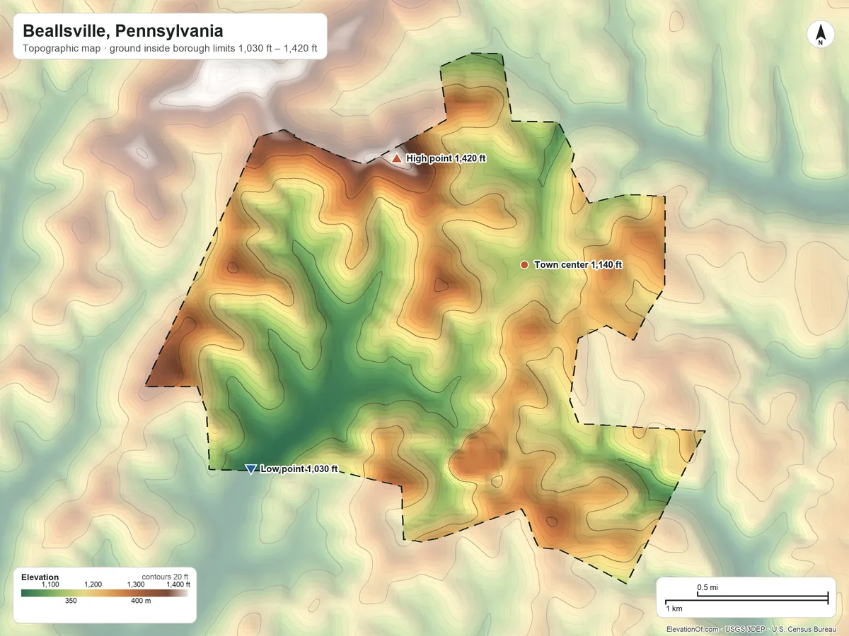 Topographic elevation map of Beallsville, Pennsylvania, shaded from 1,030 ft on the southwest side to 1,420 ft on the northwest side