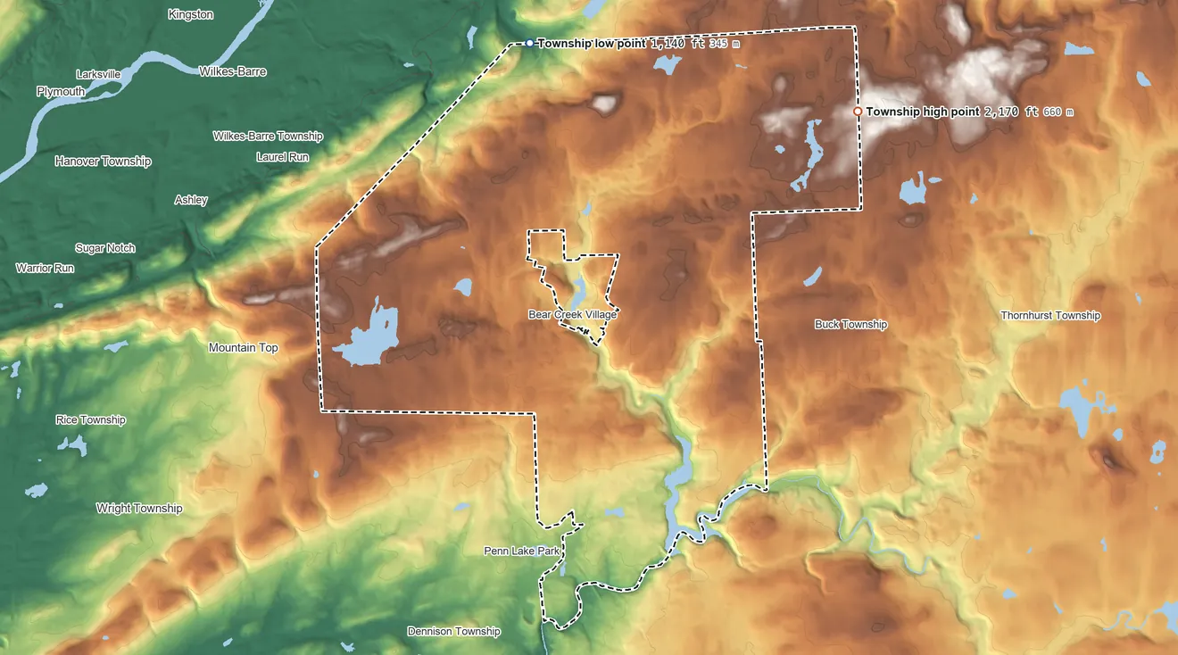 Topographic elevation map of Bear Creek Township, Pennsylvania, shaded from 1,140 ft on the north side to 2,170 ft on the northeast side