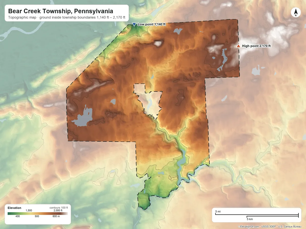 Topographic elevation map of Bear Creek Township, Pennsylvania, shaded from 1,140 ft on the north side to 2,170 ft on the northeast side