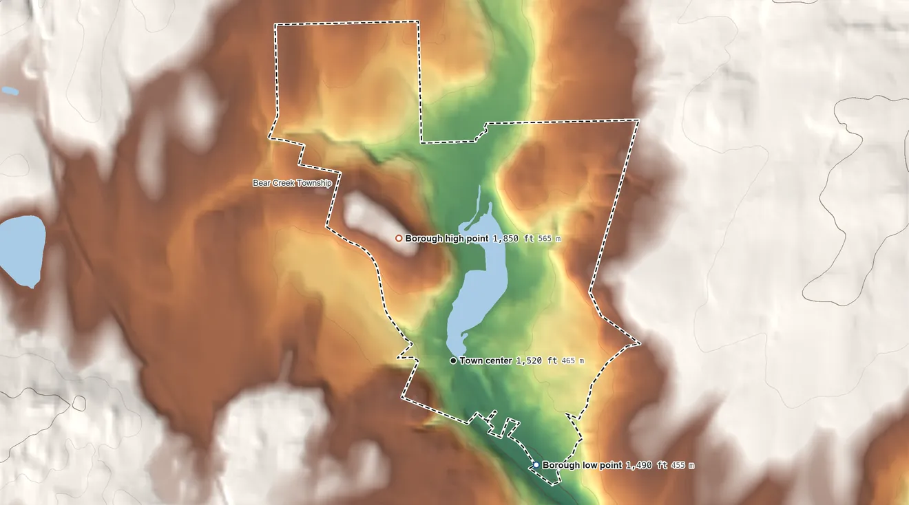 Topographic elevation map of Bear Creek Village, Pennsylvania, shaded from 1,490 ft on the southeast side to 1,850 ft on the northwest side