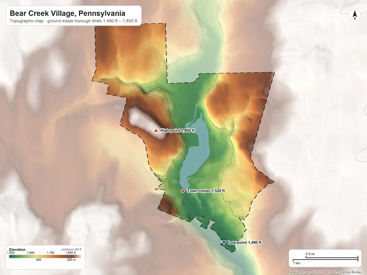 Topographic elevation map of Bear Creek Village, Pennsylvania, shaded from 1,490 ft on the southeast side to 1,850 ft on the northwest side