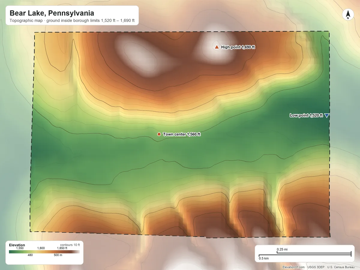 Topographic elevation map of Bear Lake, Pennsylvania, shaded from 1,520 ft on the east side to 1,690 ft on the northeast side