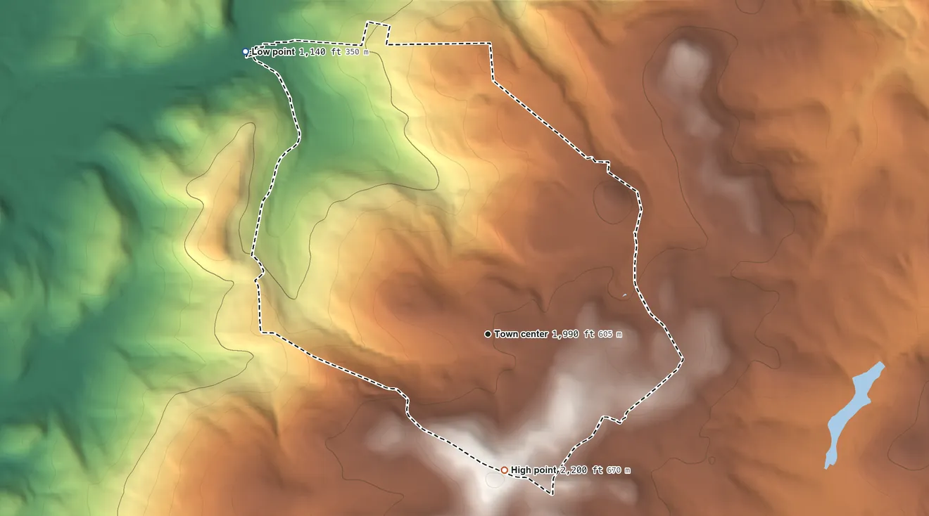 Topographic elevation map of Bear Rocks, Pennsylvania, shaded from 1,140 ft on the northwest side to 2,200 ft on the south side