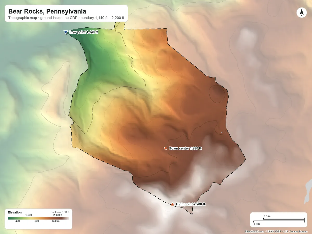 Topographic elevation map of Bear Rocks, Pennsylvania, shaded from 1,140 ft on the northwest side to 2,200 ft on the south side