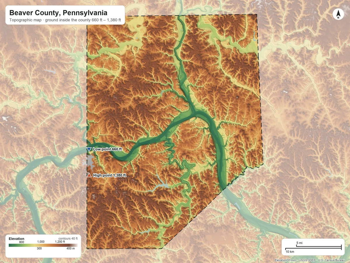 Topographic elevation map of Beaver County, Pennsylvania, shaded from 660 ft on the west side to 1,380 ft on the southwest side