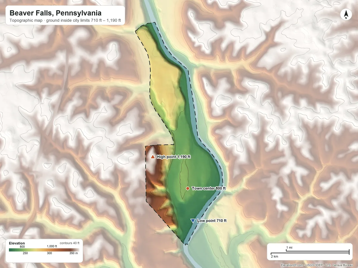 Topographic elevation map of Beaver Falls, Pennsylvania, shaded from 710 ft on the south side to 1,190 ft on the northwest side