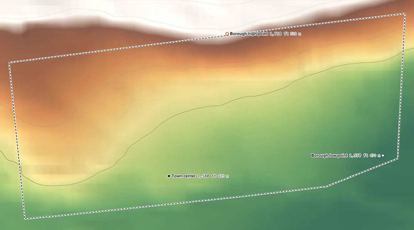 Topographic elevation map of Beaver Meadows, Pennsylvania, shaded from 1,550 ft on the east side to 1,710 ft on the north side