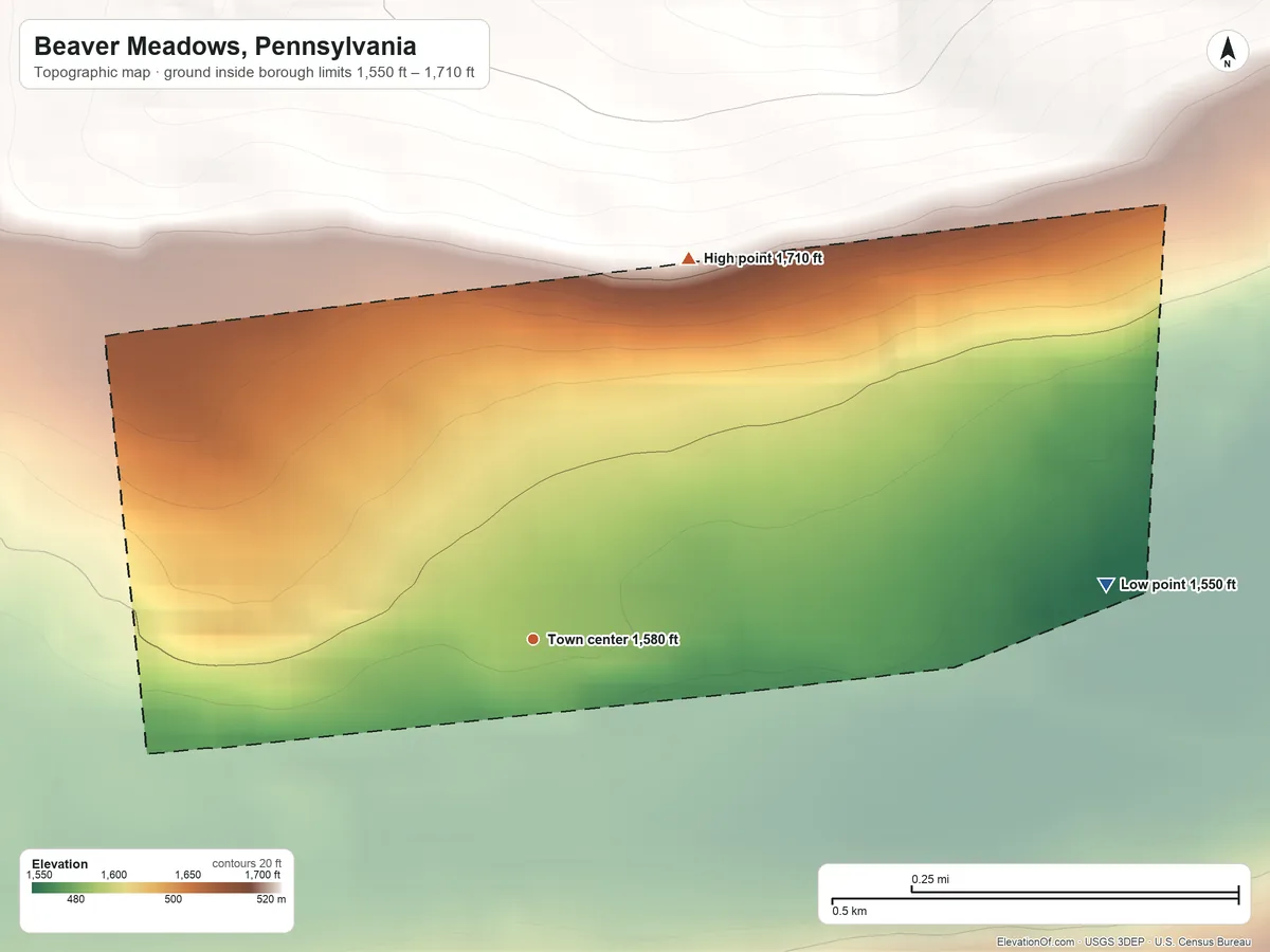 Topographic elevation map of Beaver Meadows, Pennsylvania, shaded from 1,550 ft on the east side to 1,710 ft on the north side