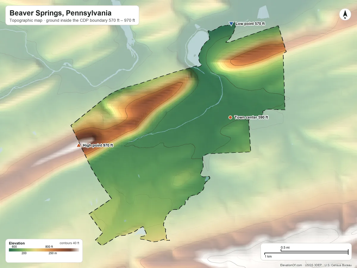 Topographic elevation map of Beaver Springs, Pennsylvania, shaded from 570 ft on the north side to 970 ft on the west side