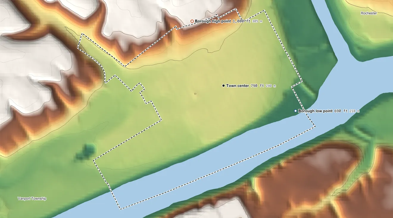 Topographic elevation map of Beaver, Pennsylvania, shaded from 690 ft on the east side to 1,000 ft on the northwest side