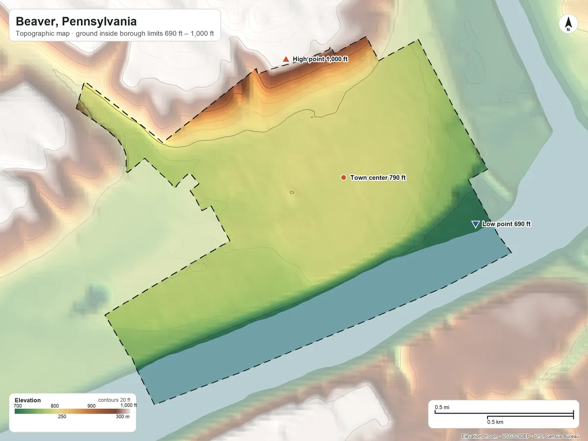 Topographic elevation map of Beaver, Pennsylvania, shaded from 690 ft on the east side to 1,000 ft on the northwest side