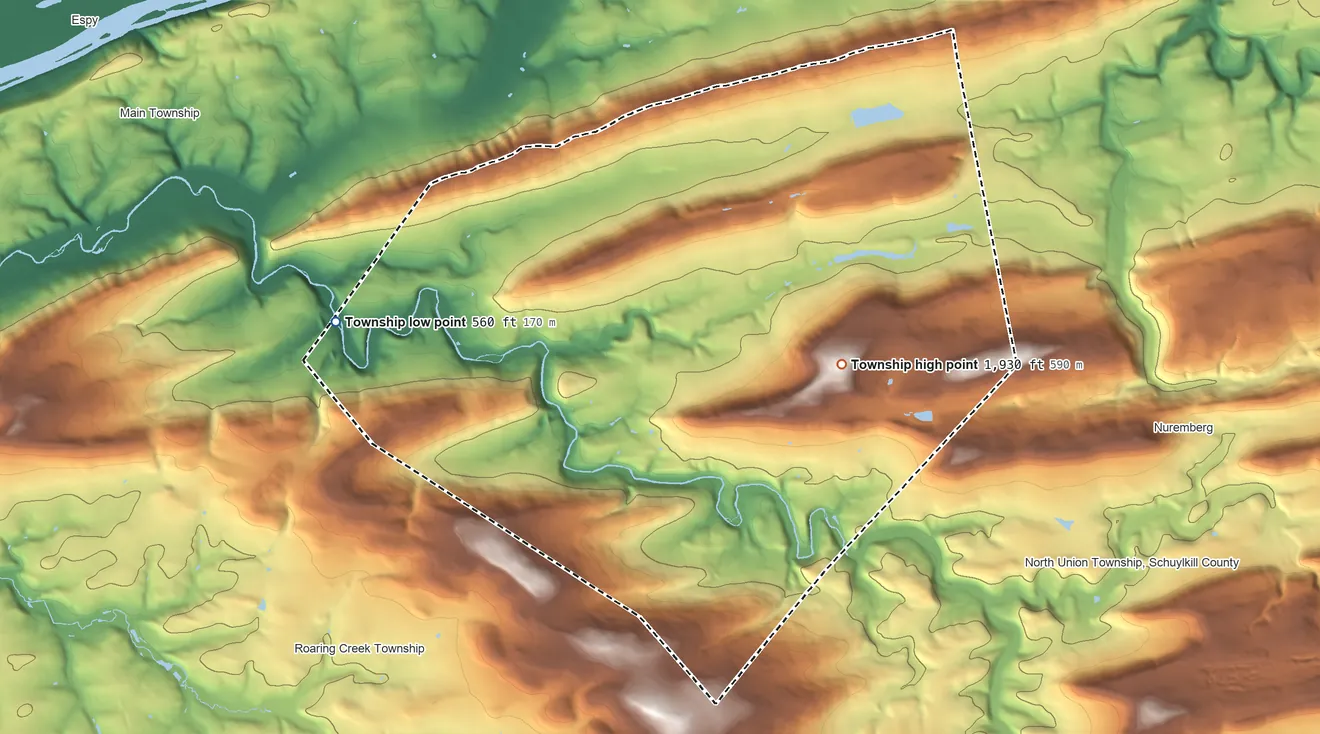Topographic elevation map of Beaver Township, Columbia County, Pennsylvania, shaded from 560 ft on the west side to 1,930 ft on the southeast side