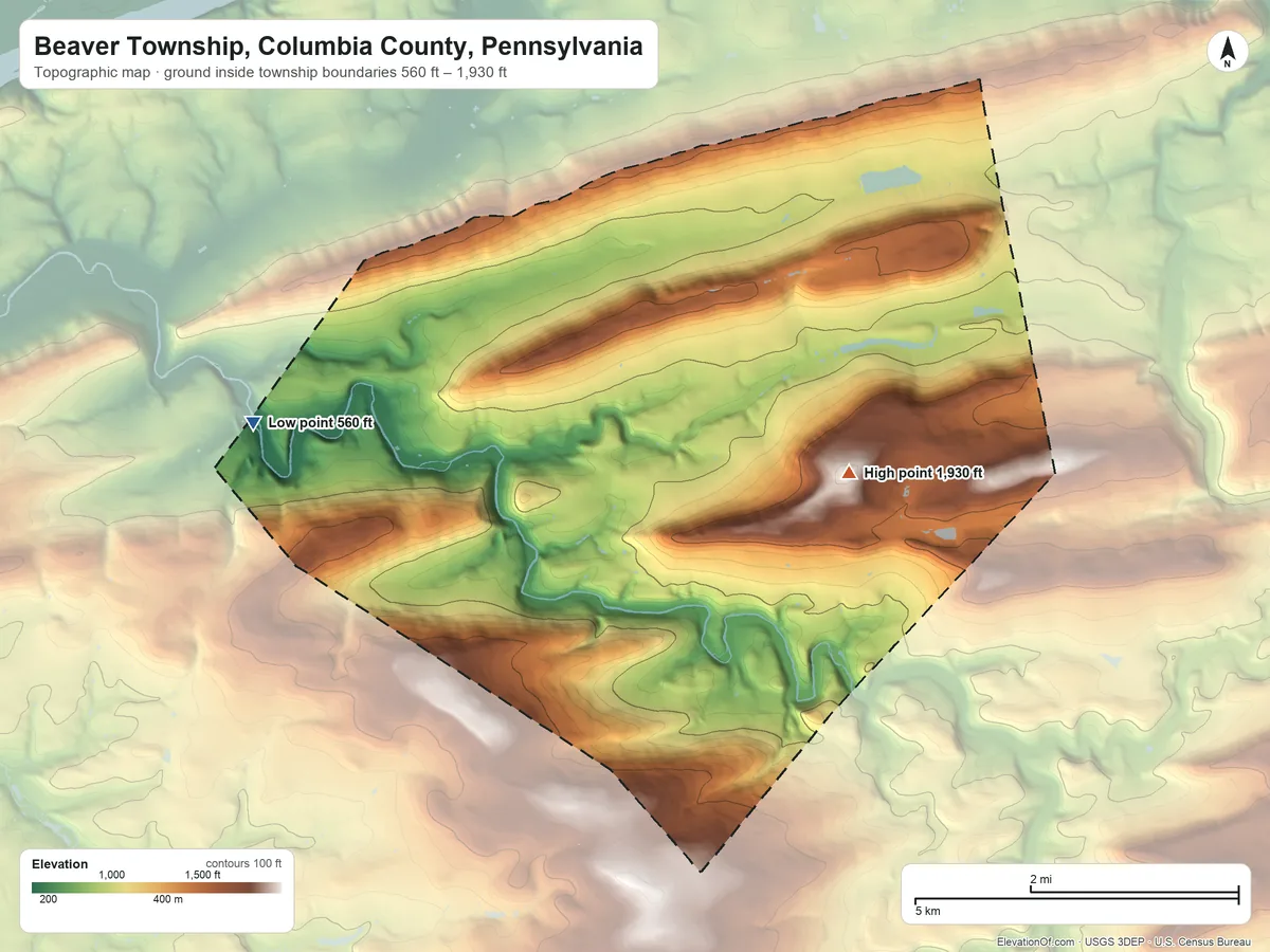 Topographic elevation map of Beaver Township, Columbia County, Pennsylvania, shaded from 560 ft on the west side to 1,930 ft on the southeast side