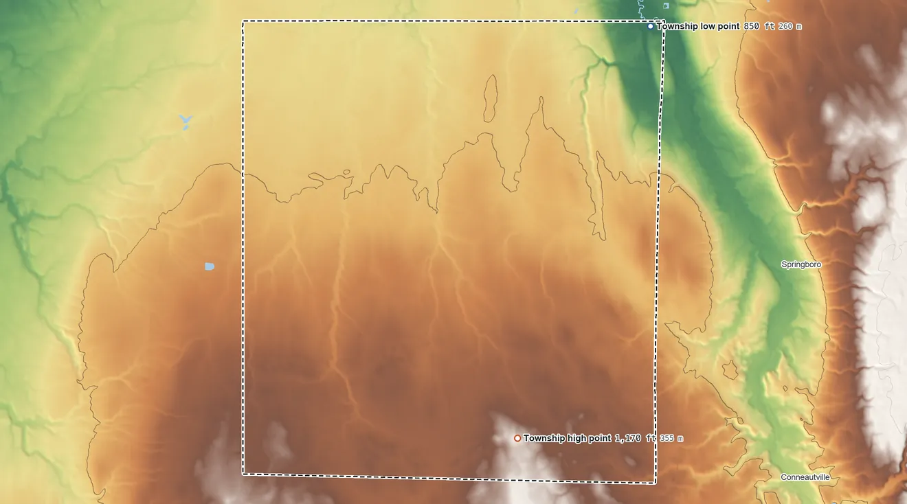 Topographic elevation map of Beaver Township, Crawford County, Pennsylvania, shaded from 850 ft on the northeast side to 1,170 ft on the south side