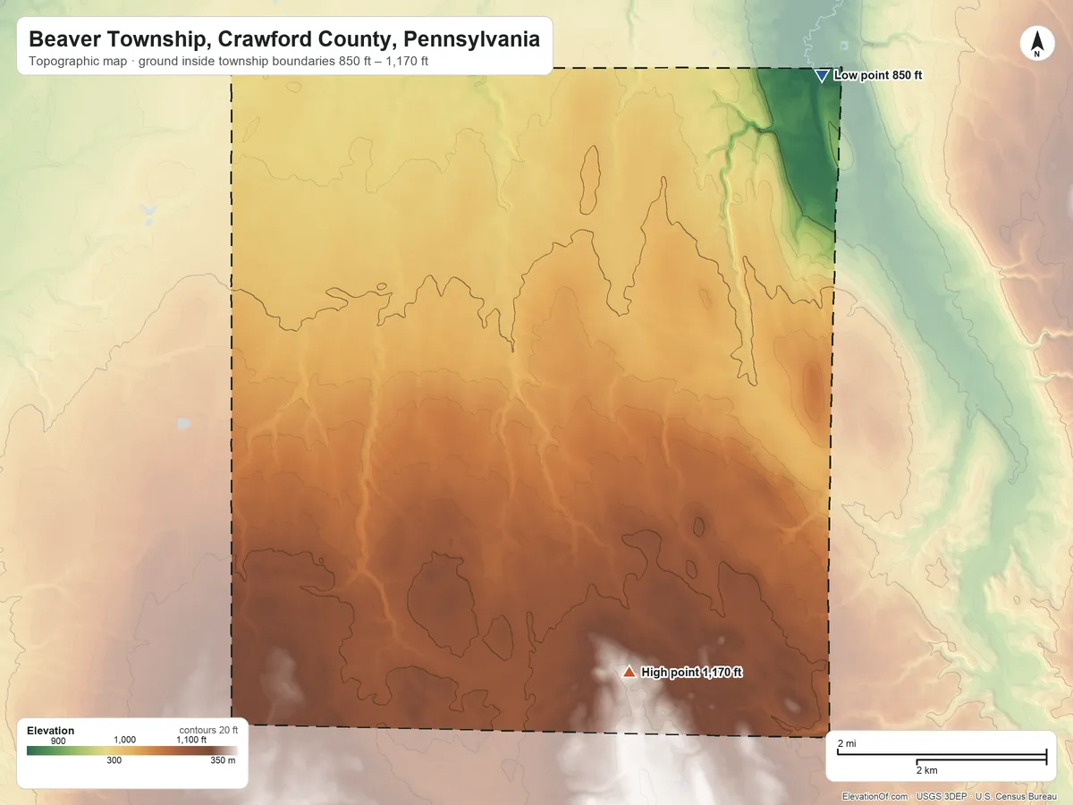 Topographic elevation map of Beaver Township, Crawford County, Pennsylvania, shaded from 850 ft on the northeast side to 1,170 ft on the south side