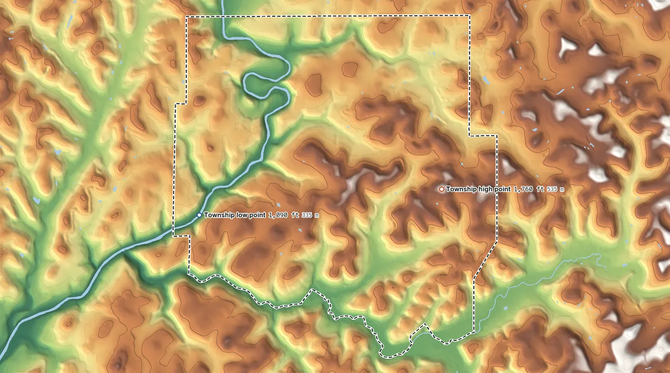 Topographic elevation map of Beaver Township, Jefferson County, Pennsylvania, shaded from 1,090 ft on the southwest side to 1,760 ft on the southeast side