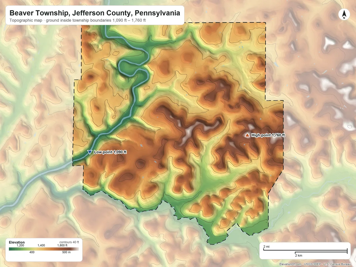 Topographic elevation map of Beaver Township, Jefferson County, Pennsylvania, shaded from 1,090 ft on the southwest side to 1,760 ft on the southeast side